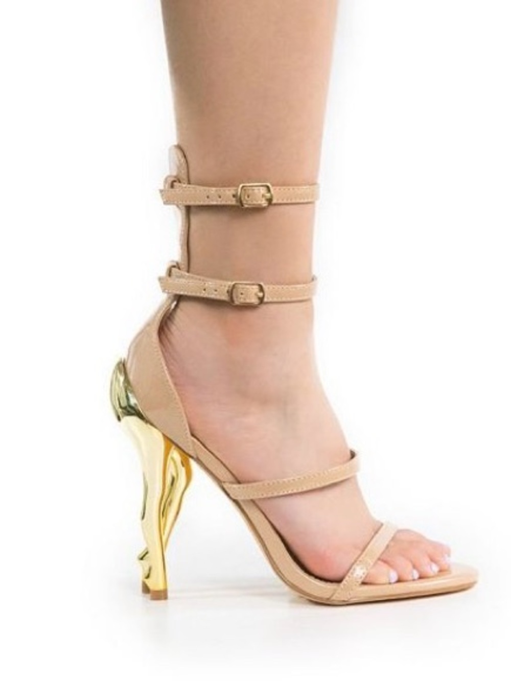 NEW Liliana BonBon Nude Ankle-Strap with Gold Sculpted Heel Size 7.5